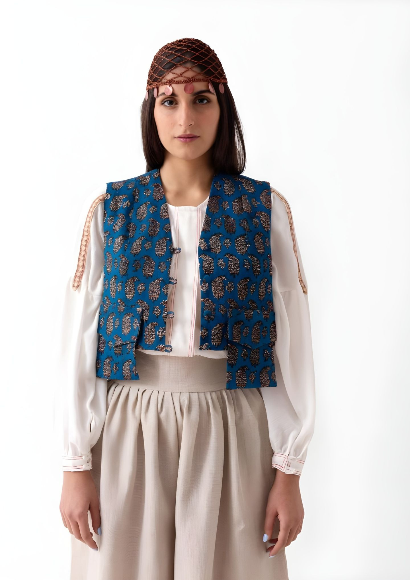 تاپ زنانه جیب دار کتان آبی