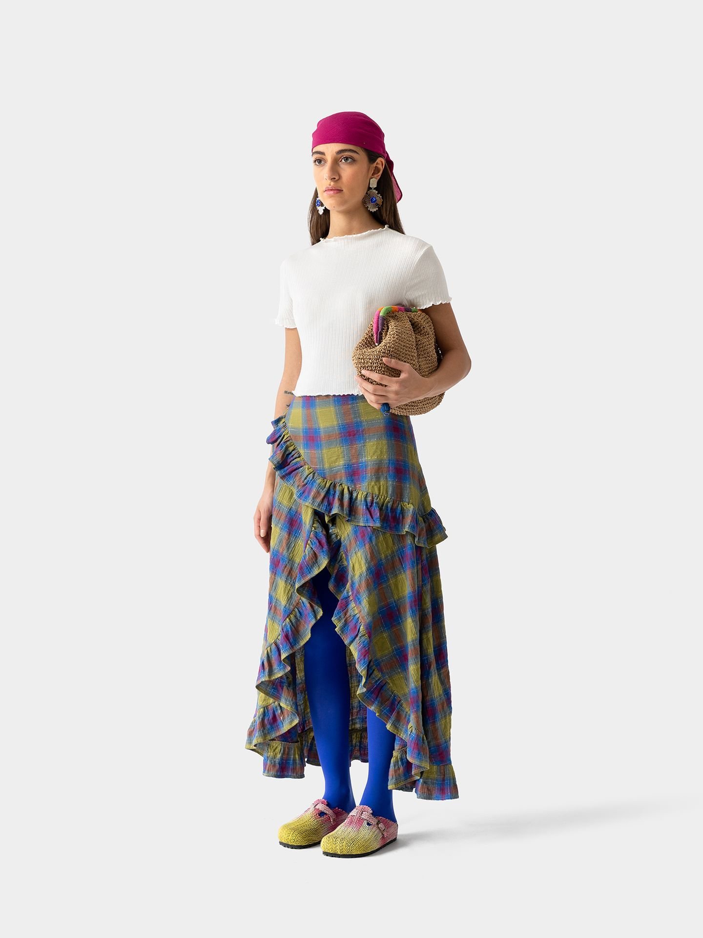دامن بلند نخی چهارخونه آبی جیپسی