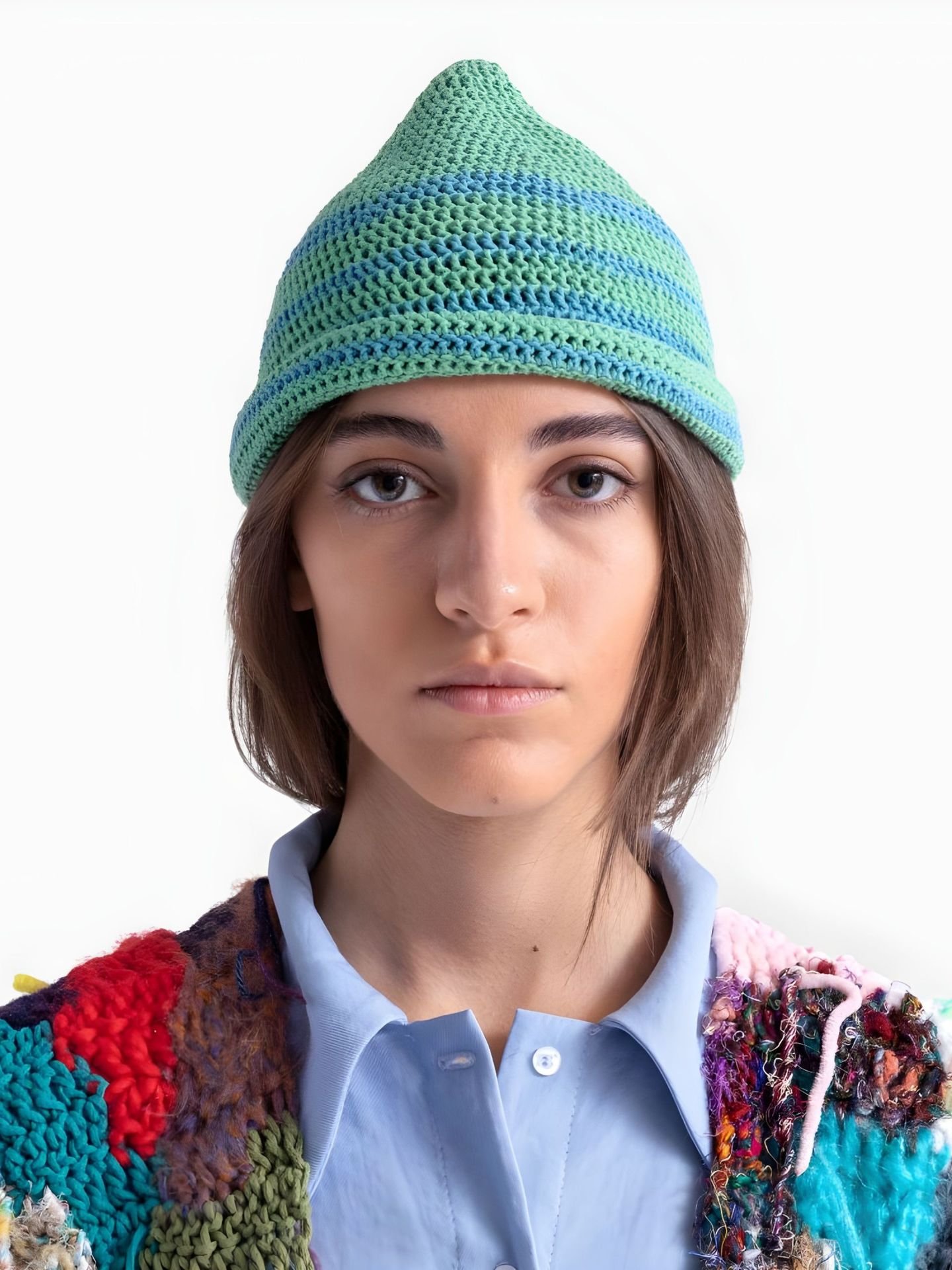 کلاه نخی راه راه سبز آبی